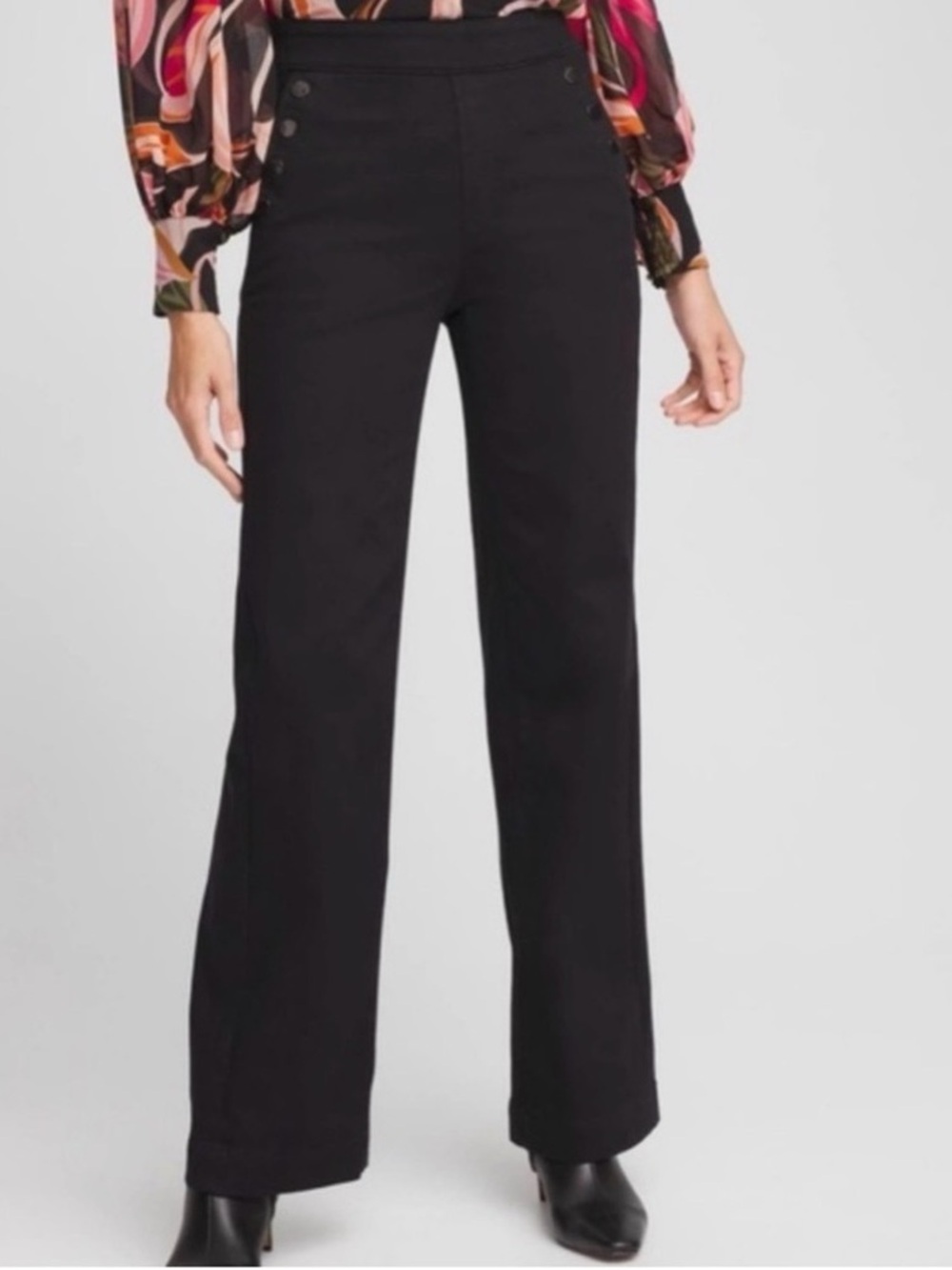 Chico's Black Pull-On Wide Leg Jeans with Button Detail